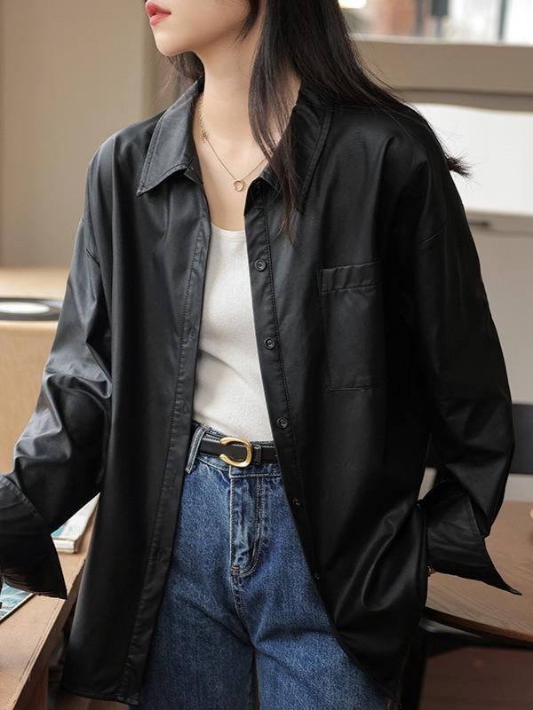 樂天商城 - シャツ レディース 女性用 PUレザー レトロ ヴィンテージ 長袖 トップス 羽織り 秋冬 韓国風 高級感 カジュアル エレガント きれいめ 通勤 ブラック 普段使い オフィス