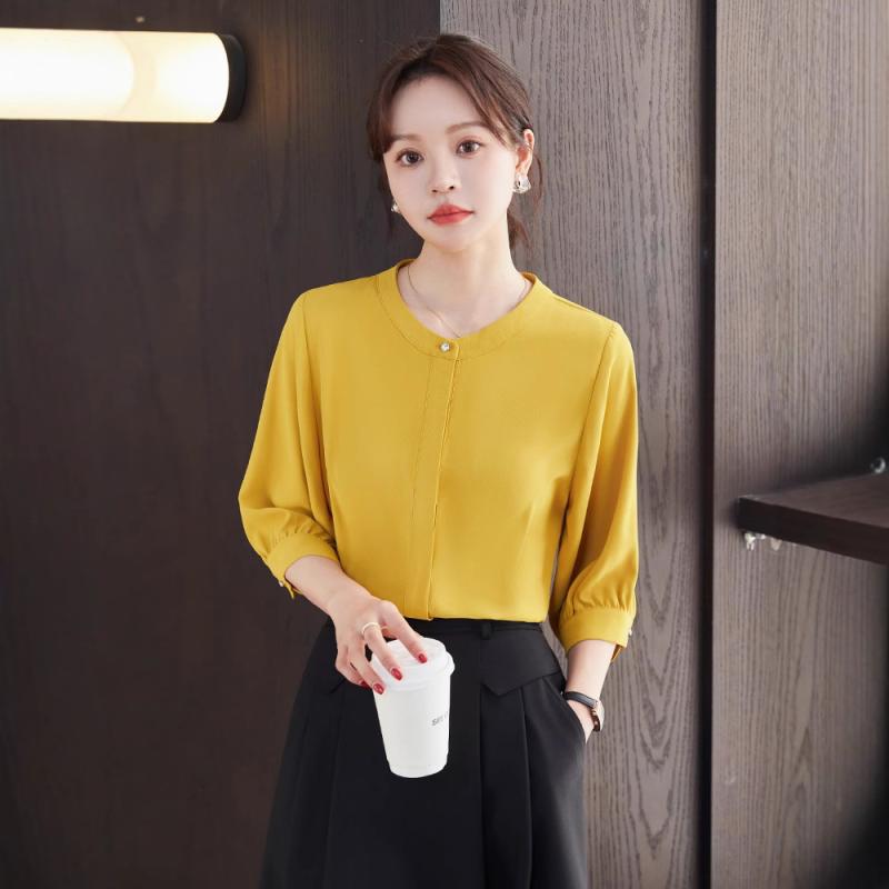 Blouses - シャツ レディース 七分袖 ラウンドネック ブラウス トップス レトロ カジュアル きれいめ 通勤 オフィス ポリエステル スパンデックス 切り替え 黄色 イエロー 春秋 フリル袖