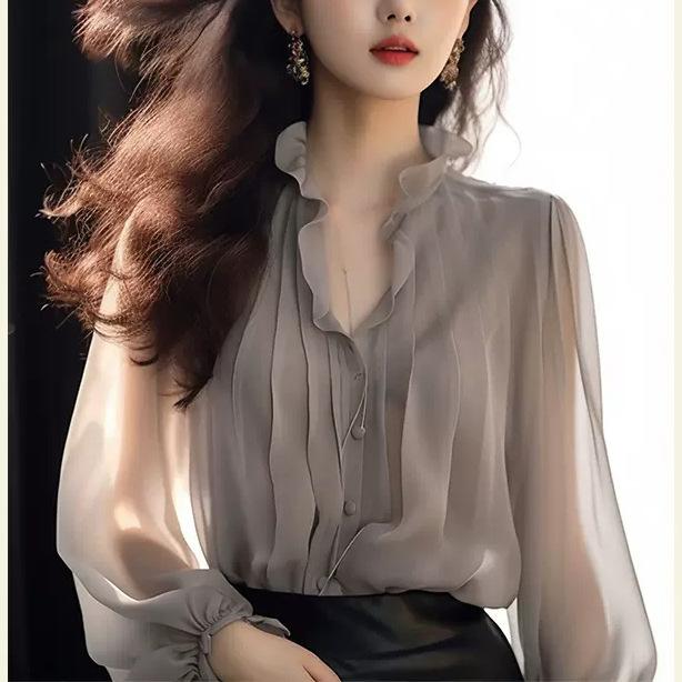 Blouses - ブラウス レディース 春夏 フリル襟 ランタンスリーブ シフォン 無地 フレンチスタイル 上品 エレガント きれいめ トップス オフィス 通勤