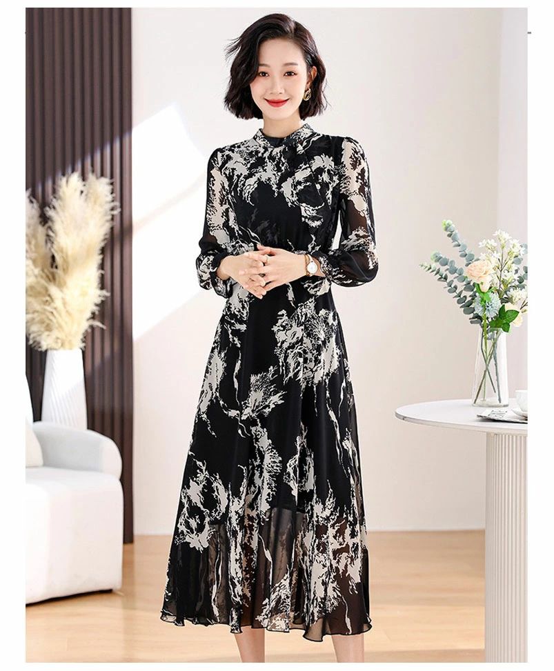 フォー 上品 きれいめ ビンテージ 二次会 結婚式 裏地付き スカーフ シフォン 秋 秋物 プリント柄 長袖 ドレス ロングワンピース 3