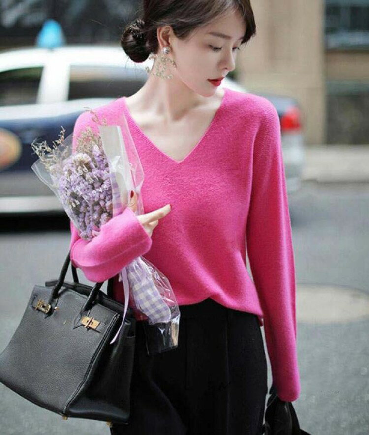 ニットトップス レディース 秋冬 長袖セーター 無地 Vネック ショット丈セーター ゆったりプルオーバー オシャレ韓国風 ローズピンク、ブラック カジュアル 大人ニットインナー