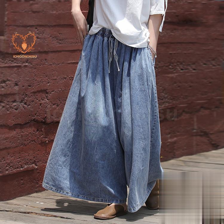 デニムパンツ パンツ スカーチョ ワイドパンツ スカンツ レディース ズボン デニム ハイウエスト 美脚 ポケット付き 無地 高級感 着痩せ 春 夏 30代 40代 50代