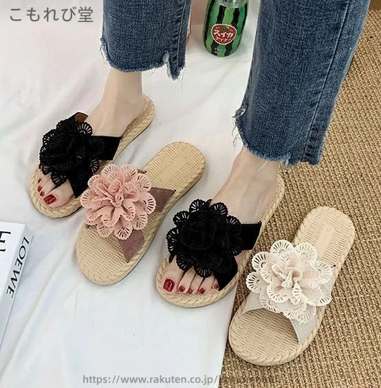 レディース レザー調 オープントゥ 女性 屋内 ビーチサンダル 草履風 フラット フラワー スリッパ お花 サンダル ルームシューズ 室内 3
