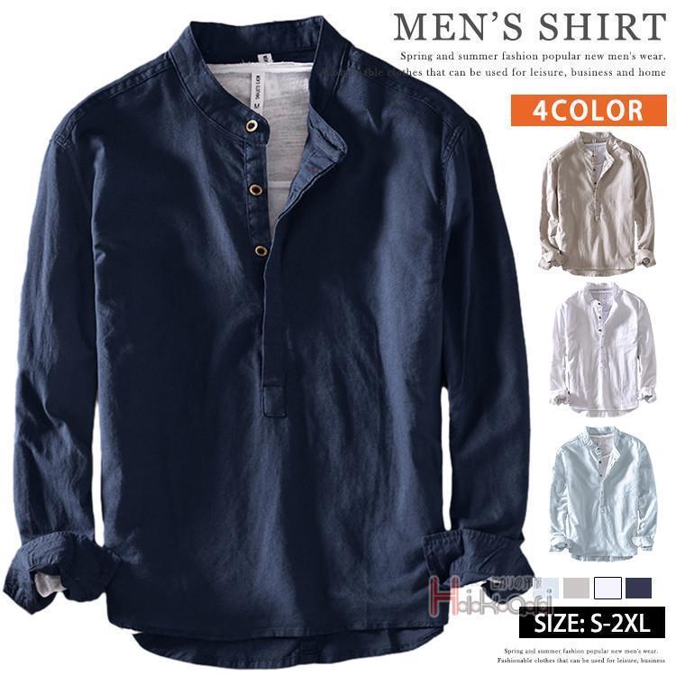 Tops - シャツ 綿麻 麻シャツ プルオーバーシャツ メンズ バンドカラー シャツ 長袖 リネンシャツ ボタンシャツ カジュアルシャツ