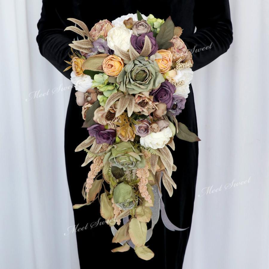 ウェディングブーケ ブライダルブーケ 秋色 キャスケードブーケ オーバルブーケ オーバルブーケ ウエデ..