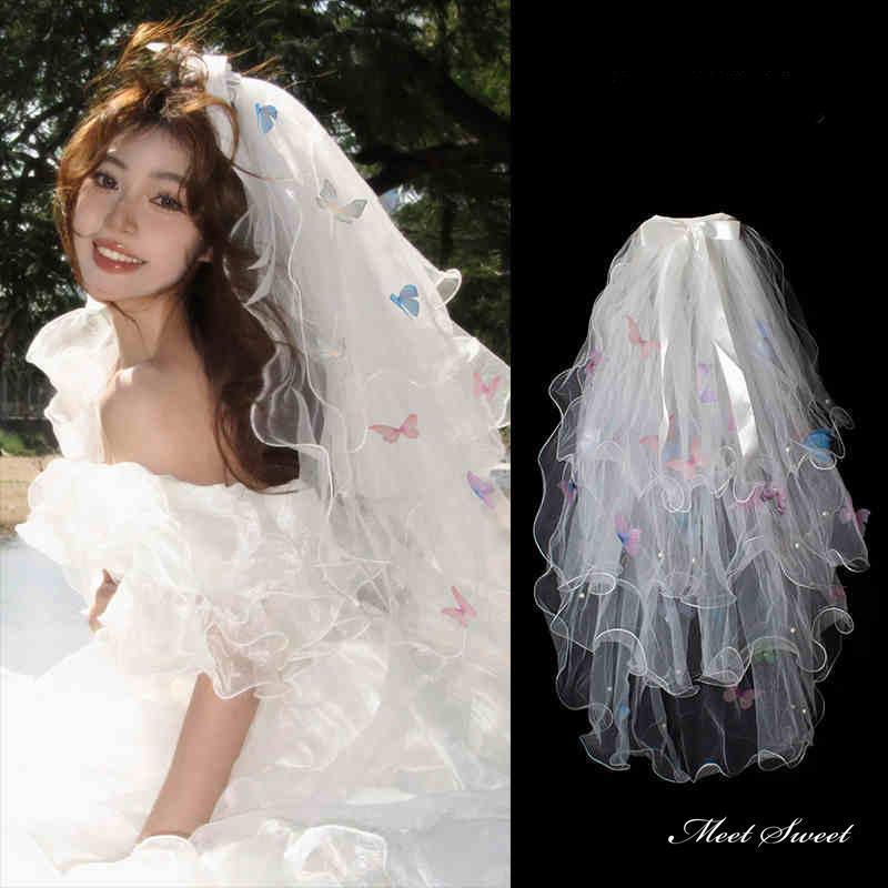 ウェディングベール 蝶 リボン パール メロウベール ミディアムベール ミドルベール ふわふわ 4段ベー..