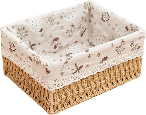 収納かご 藤編み 収納バスケット 浅型 洗える バスケット スタイル2 ナチュラル 天然素材 かご L*2 小物収納 お菓子 果物入れ パンかご フルーツバスケット 藤かご 長方形 レース 内布 チェ