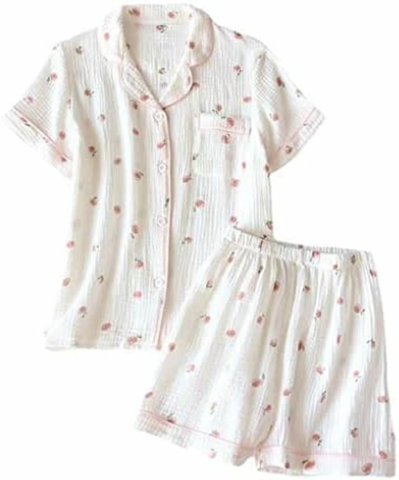 パジャマ レディース 夏 半袖 短パン シンプル 桃柄 ルームウェア 綿 上下セット 前開き 部屋着 便利服..