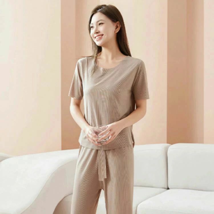 接触冷感 薄手 寝間着 春夏 セットアップ ウエストゴム ロングパンツ ルームウエア...