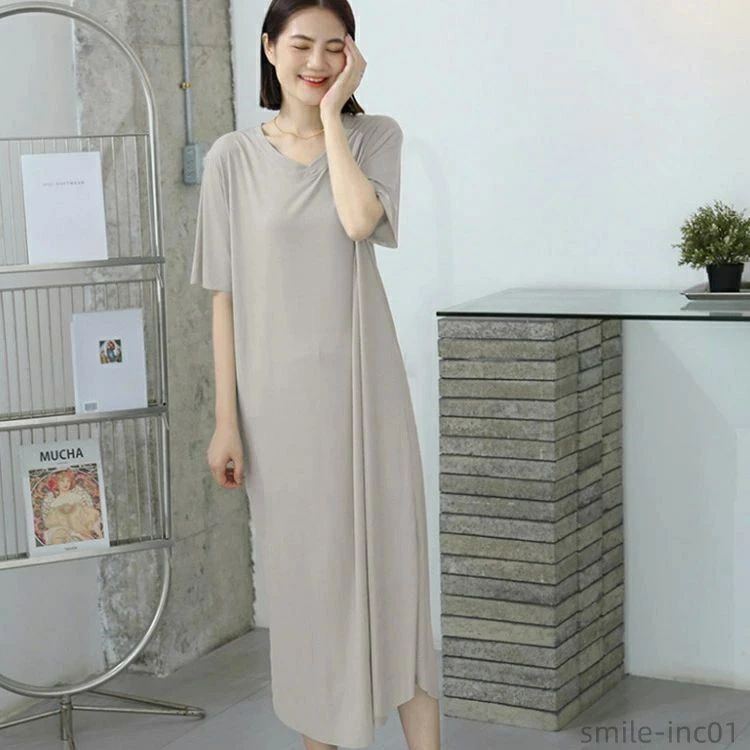 シンプル 大きい リラックス レディース ワンピース モーダル 半袖 半袖 無地 細見え 部屋着 ルームウェア パジャマ ワンピース 2