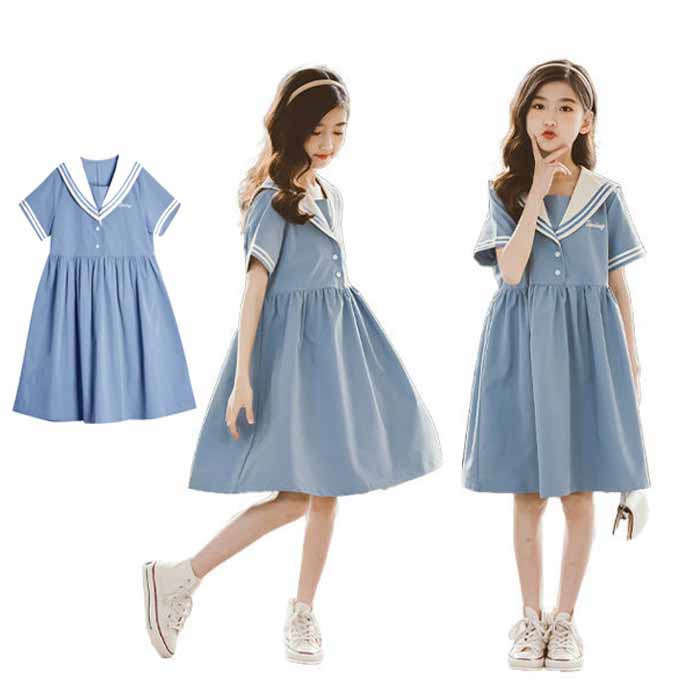 Rakuten - キッズワンピース セーラー風 半袖 子供ワンピース 女の子 キッズワンピ ジュニアワンピース 子供服 ひざ丈 ワンピース 制服 カジュアル