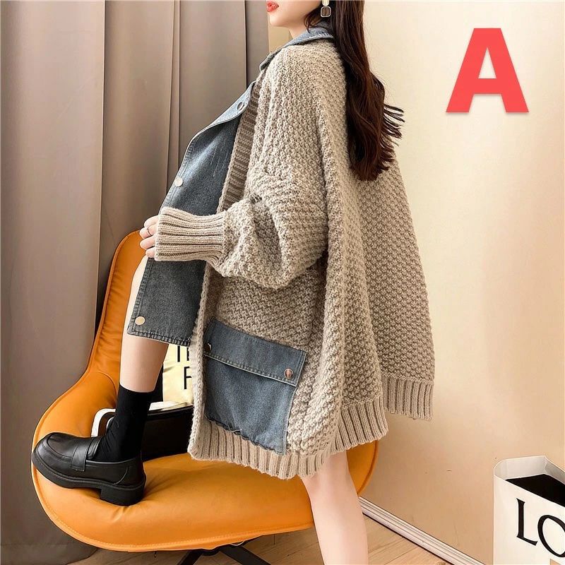 レディース ニットコート セーター ニット デニム 切替 アウター 重ね着風 切り替え 異素材 オーバーサ..