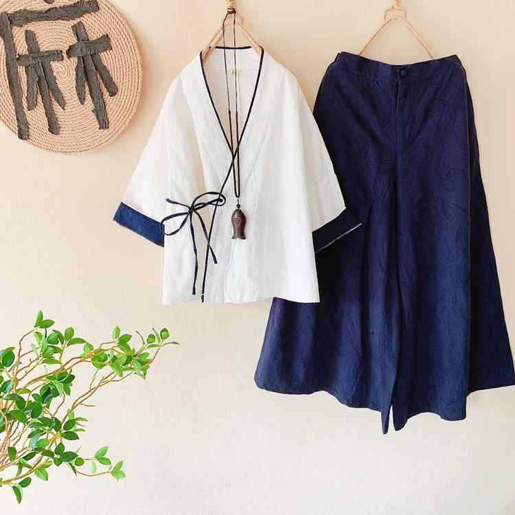 樂天商城 - 着物風 シャツ レディース 柔らかい 結び トップス チャイナ 襟 レトロ 漢服 伝統的 シンプル コスプレ 上着 リネン 斜め Vネック 大き