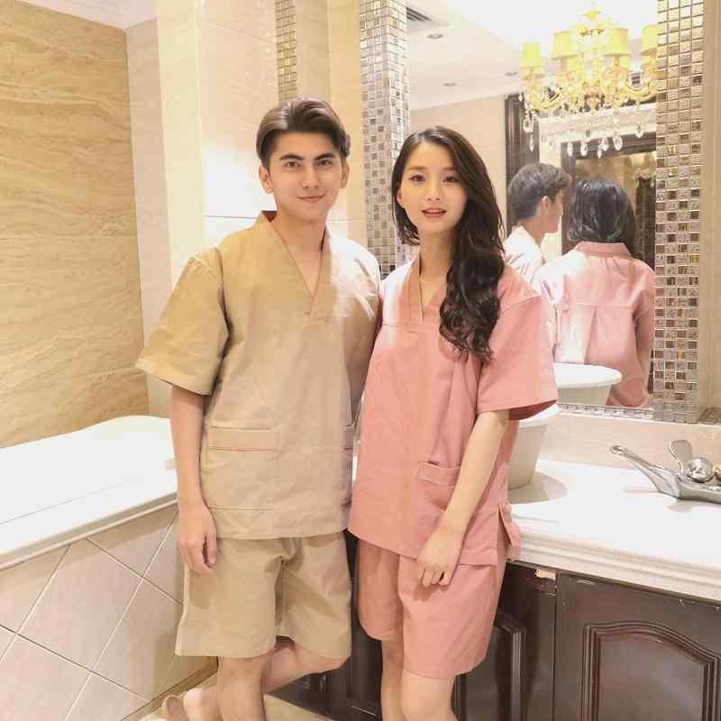 サウナ服 岩盤浴 ウェア マッサージ 服 メンズ レディース コットン 半袖 半ズボン Vネック ポケット パジャマ 部屋着 大きいサイズ 赤