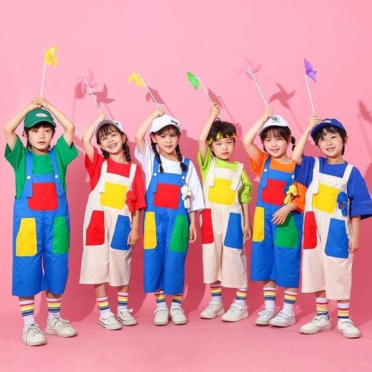 ジュニア サロペット 韓国風 演出 半袖 女の子 幼稚園 応援団 団体服 セットアップ ストリート ヒップホップ チアガール 練習着 男の子