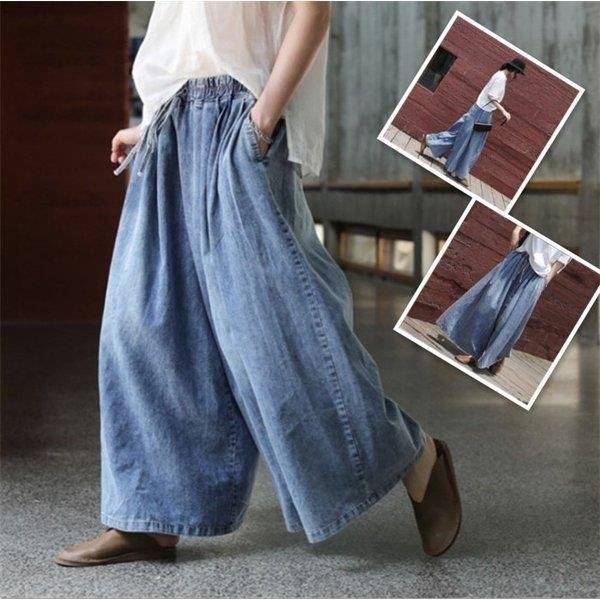 ゆったり 大きいサイズ ワイドパンツ レディース ワイドデニム デニム ガウチョパンツ ウエストゴム ロング 着痩せ デニムパンツ ボトムズ 体型カバー(4.0)
