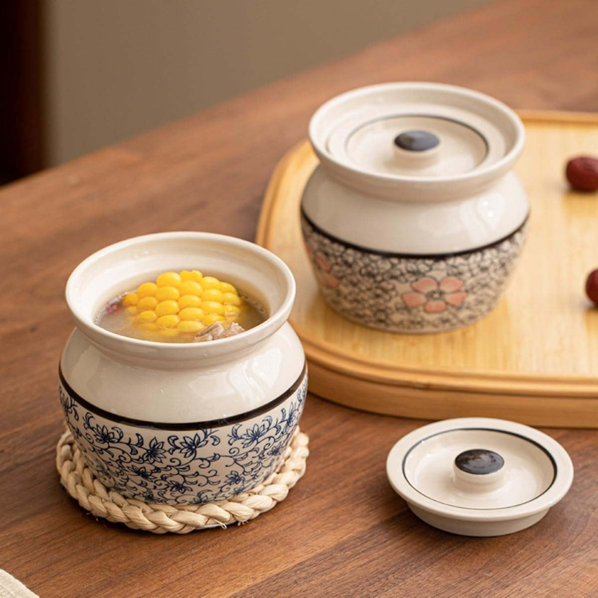 蒸し碗 茶碗蒸し 食器 陶器?? セラミック製の卵蒸し用ボウル 蓋付き スプーン付き ボウル 食器 キッチン用品 スープ碗 電子レンジ対応 旅館 和食器 飲食店 おしゃれ 業務用 調理用品 (A 4個) (1個-A)