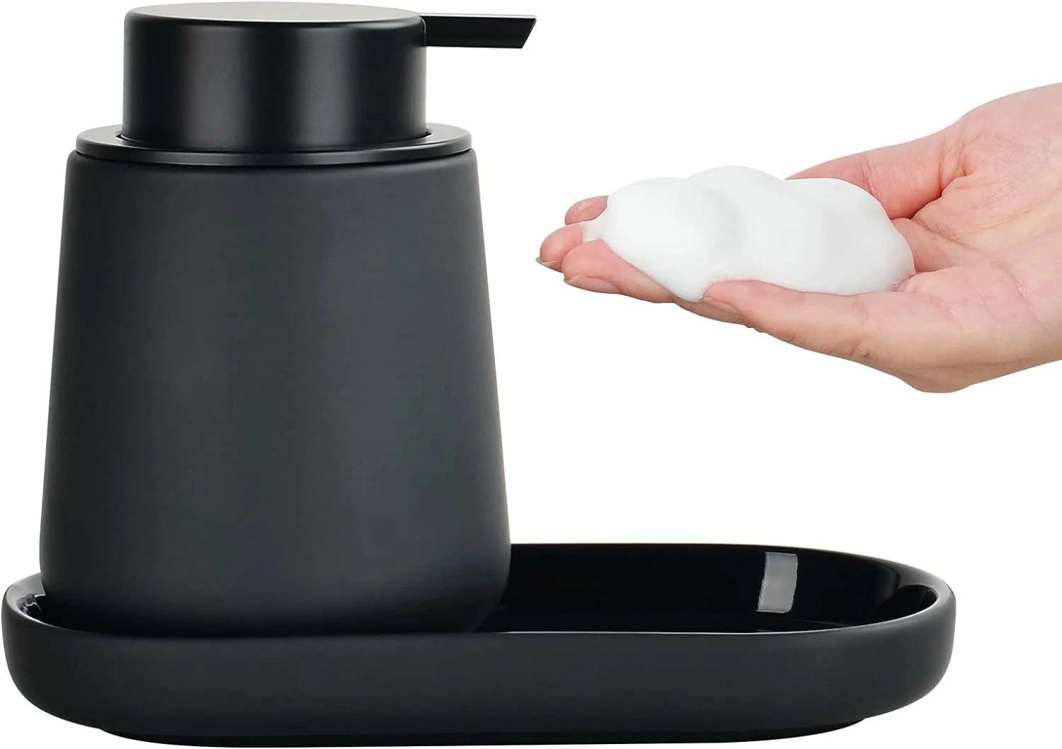 ソープディスペンサー おしゃれ 泡 ハンドソープ 手動 泡 ディスペンサー 黒 ハンドソープ 泡 ボトル 陶器 詰め替えボトル トレー付き 広口 小型 キッチン 洗面所適用