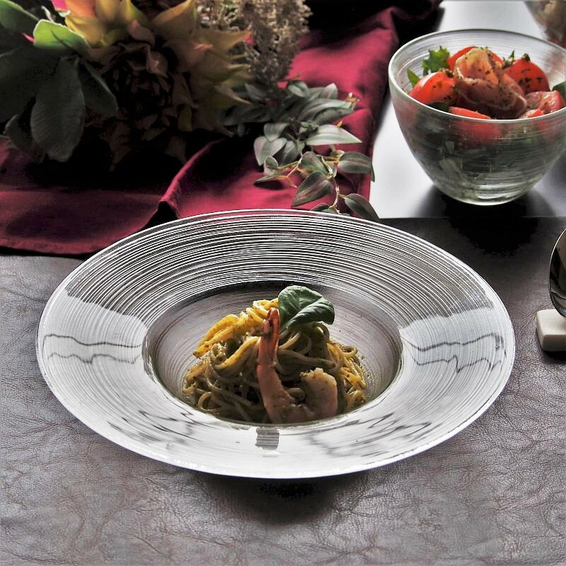 お皿 イマージュ ガラス ライン 22.8cmフラットスープ パスタ パスタ皿 スープ皿 硝子 がらす 食器 ガラス食器 涼しげな食器 ひんやり すずしげ 夏 清涼 おしゃれ オシャレ カフェ おうちカフェ トルコ製
