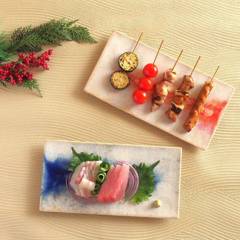 【10%OFF】 朝靄 27cm 長角皿 長皿 角皿 青 ブルー 赤 レッド おしゃれ かっこいい アート 食器 和食器 和食 おもてなし 日本 日本製