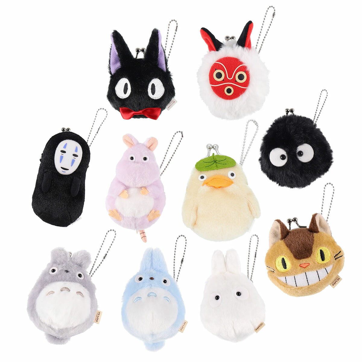 コロンと丸いフォルムがかわいい、ミニがまぐちです。 カバンに付けて小銭やアメを入れたり、さりげなく可愛さをプラスできます。 やさしいふわふわの触り心地が特徴で、小さくても存在感があります。ちょっとしたプレゼントにもおすすめです♪ボールチェーン付きで、バッグやポーチに簡単に取り付けられ、持ち歩くたびに癒されます。小銭入れとしてはもちろん、アクセサリーや薬入れなどの小物入れとしても・・・。サイズ：大トトロ/約8×7×7cm・中トトロ/約8.5×6×6.5cm・小トトロ/約9×6×6cm・ネコバス/約7×7×4.5cm・クロスケ/約8.5×7×5cm ジジ/約9×6×4cm・サンのお面/約8.5×6.5×5cm・坊ねずみ/約8.5×6.5×5cm・オオトリさま/約8.5×6.5×6cm・カオナシ/約9.5×5×4.5cm素材：ポリエステル仕様：ボールチェーン付き