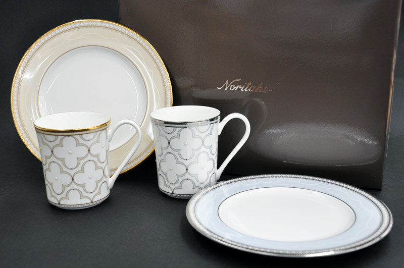 ノリタケ 〜Noritake〜 モーニングペアセット(色変り)トレフォリオ ゴールド&プラチナ[TREFOLIO GOLD & PLATINUM][マグカップ][マグ][プレート][皿]御祝/お祝/贈り物/ギフト/プレゼント内祝/引出物/記念品/上品/かわいい