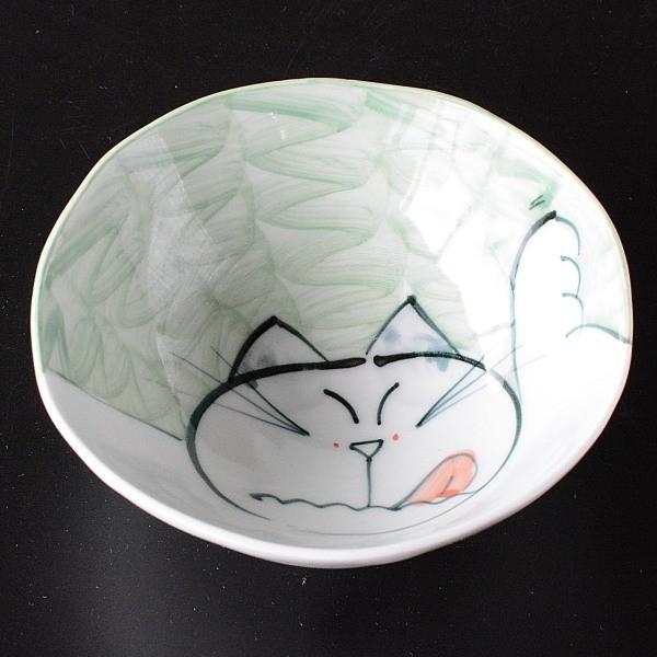 ご飯茶碗 手描き笑い猫 グリーン