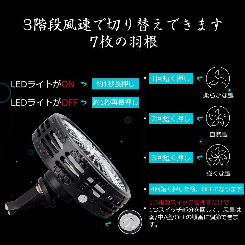 車載USB扇風機 車用ファン タイヤデザイン LEDライト機能付き 3段階風量調節 7枚羽根 車載USBファン エアコン 小型 熱中症対策