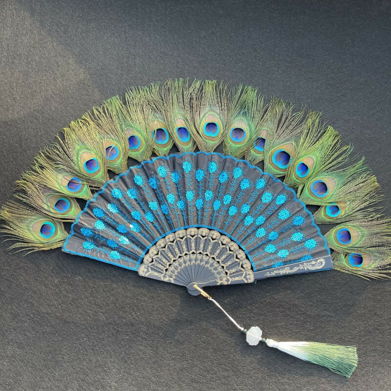 和装小物扇子 孔雀の羽のギフト折りたたみファン、踊りのファン刺繍ファンの折りたたみファンポーチの古代の漢様式の装飾 和装小物扇子