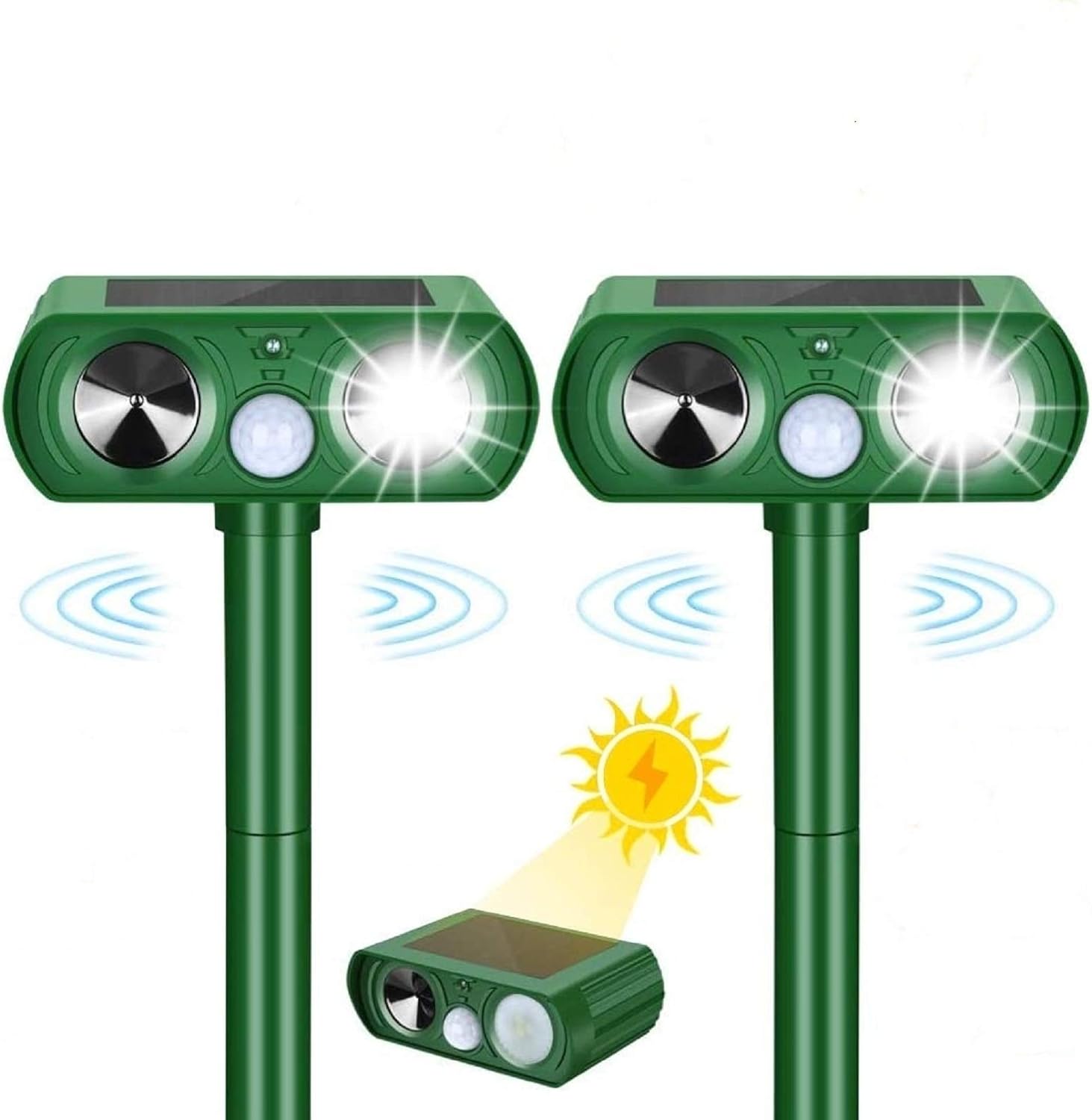 猫よけ 動物撃退器 2個セット 害獣撃退 IPX4防水防塵 超音波 ソーラー充電 猫撃退 猫退治 猫よけグッズ 糞被害 鳥害対策 猫除け 鳥除け 犬除け ネズミよけ（LED強力フラッシュ+超音波） 1