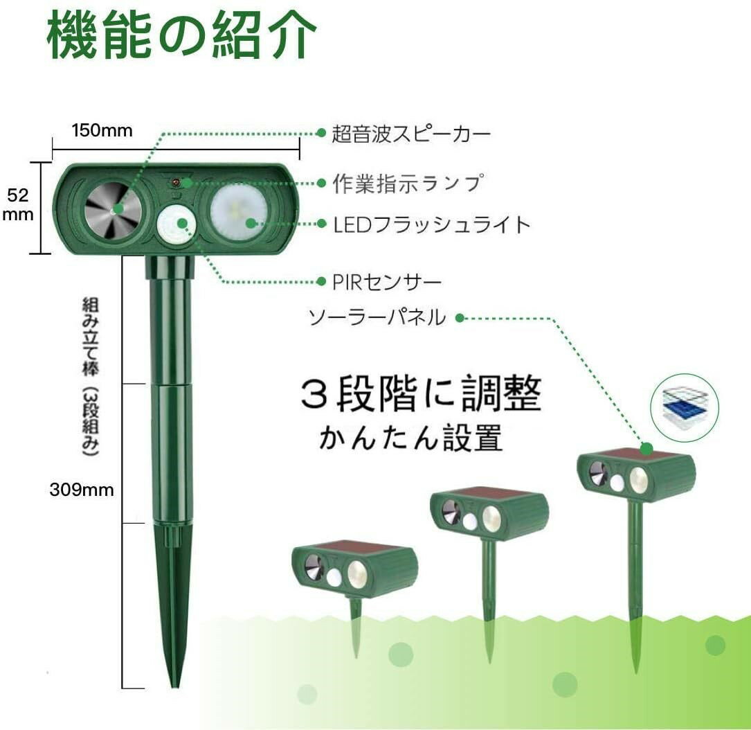 猫よけ 動物撃退器 2個セット 害獣撃退 IPX4防水防塵 超音波 ソーラー充電 猫撃退 猫退治 猫よけグッズ 糞被害 鳥害対策 猫除け 鳥除け 犬除け ネズミよけ（LED強力フラッシュ+超音波） 2