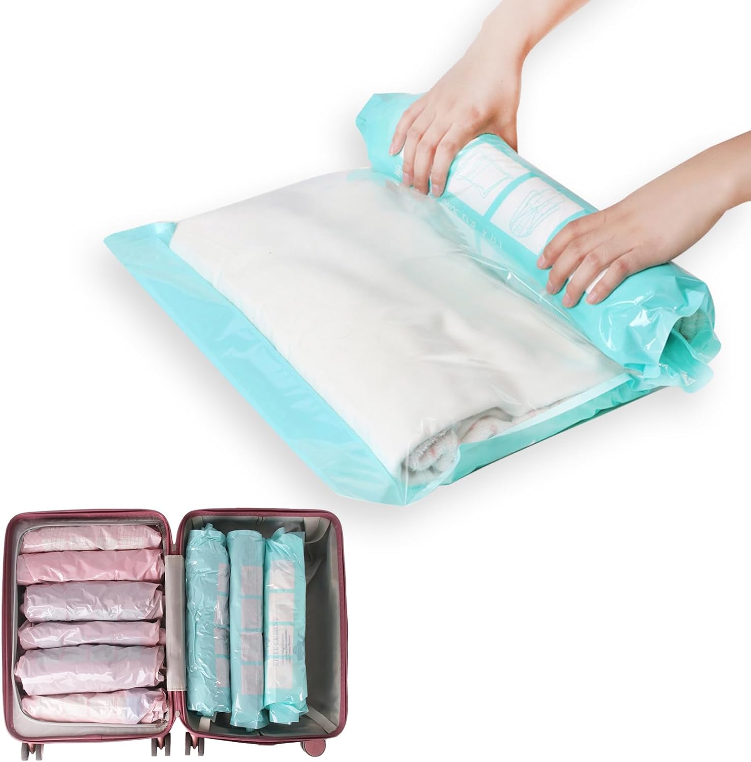 圧縮袋 旅行 衣類圧縮袋 12枚入 トラベルポーチ 真空あっしゅく袋 手巻き 衣類 下着 収納 ポンプ不要 押すだけ カビ対策 防塵 防湿 小物収納 旅行用 出張 引越し用