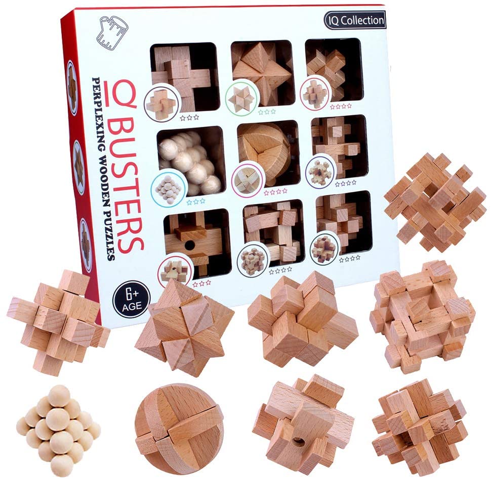 暇つぶし パズル 木製パズル 知育玩具 ボケ防止 木のおもちゃ 孔明パズル 木製パズル 脳トレ 立体パズル 知恵おもちゃ 9pcsセット