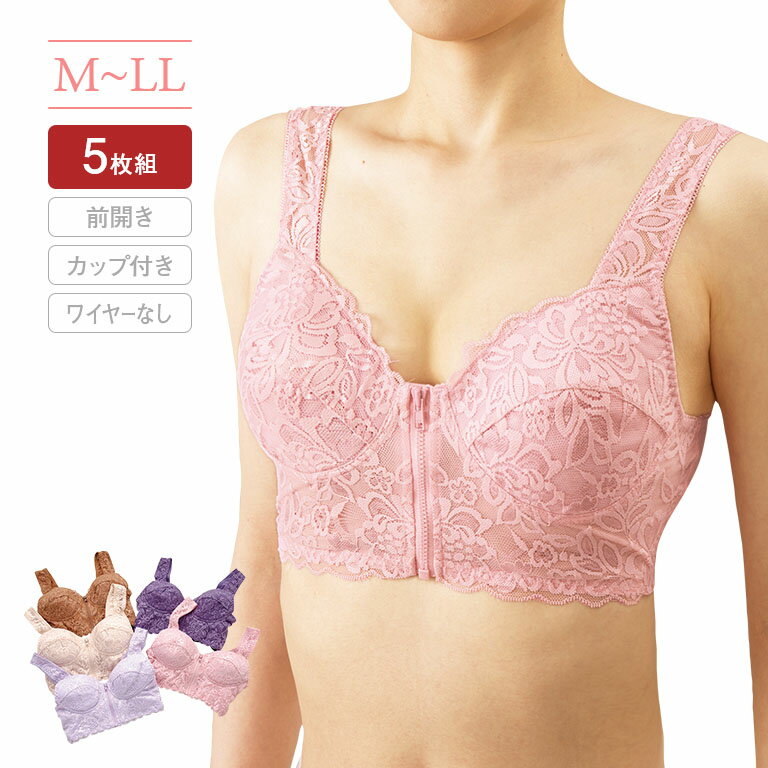 姿勢サポートブラジャー 前開きらくらくレースブラ M L LL - 美姿勢 サポート 肩紐 伸縮 ストレッチ ノンワイヤー 幅広 フルカップ ブラジャー フロント ファスナー ラク 5色 セット まとめ買い M L LL