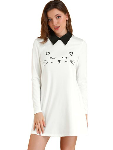 Allegra K フレアワンピース 丸襟 猫柄 ミニドレス 長袖 ショート丈 ゆったり かわいい レディース ホワイト XL Allegra K フレアワンピース 丸襟 猫柄 ミニドレス 長袖 ショート丈 ゆったり かわいい レディース ホワイト XL