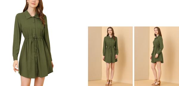 Allegra K 長袖ドレス シャツドレス カジュアルワンピース ボタンダウン レディース アーミーグリーン XL
