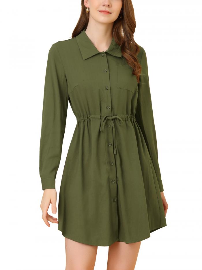 Allegra K 長袖ドレス シャツドレス カジュアルワンピース ボタンダウン レディース アーミーグリーン XL