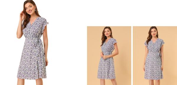 Allegra K 花柄 ラップワンピース フリルトリム Vネック ドレス ひざ丈 レディース ベージュ パープル 花 S