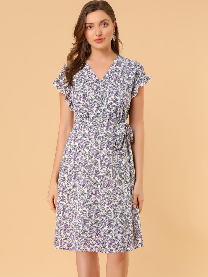 Allegra K 花柄 ラップワンピース フリルトリム Vネック ドレス ひざ丈 レディース ベージュ パープル 花 S
