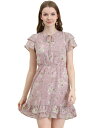 Allegra K フリルドレス ワンピース フリルスリーブ セルフタイ Vネック アバブニーシフォン Aライン 花柄 女性 レディース ピンク XL(4)