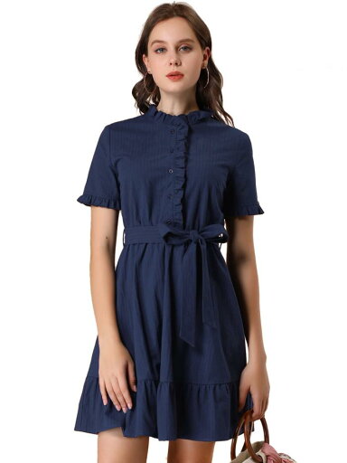 Allegra K ワンピース ドレス フリル裾 フレア フリルトリム フロントボタン留め レディース ブルー M Allegra K ワンピース ドレス フリル裾 フレア フリルトリム フロントボタン留め レディース ブルー M