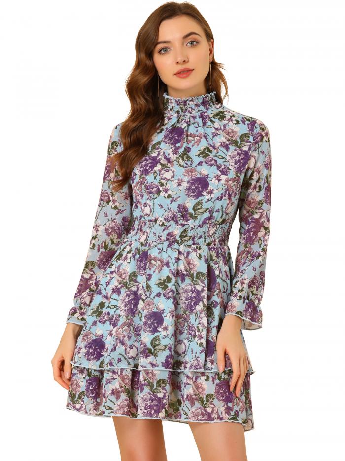 Allegra K ワンピース 春秋 膝丈 ミニドレス レディース フレアワンピー Aライン 長袖 シフォンワンピース 花柄 トップス 着痩せ カジュアル エレガント 通勤 ブルー M