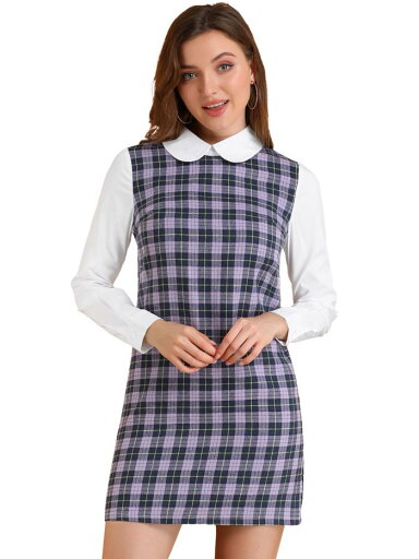 Allegra K チェックワンピース 丸襟 ミニドレス 長袖 ショート丈 ストレート 可愛い レディース パープル XS Allegra K チェックワンピース 丸襟 ミニドレス 長袖 ショート丈 ストレート 可愛い レディース パープル XS
