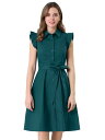 Allegra K シャツワンピース ドレス コットン ボタン留め オフィス フリル 袖なし ベルト付 レディース ダークグリーン XS