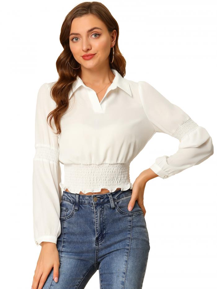 Allegra K シフォントップス クロップトップ パフスリーブ 長袖 Vネック スモック レディース ベージュ XS