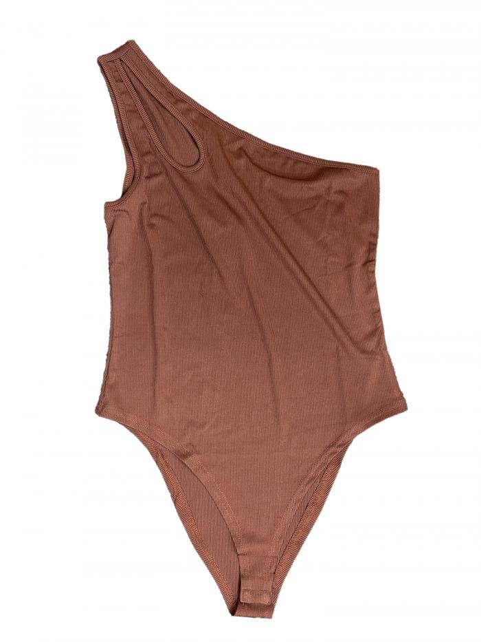 Allegra K ボディスーツ タンクトップ レオタード シャツ ワンショルダー リブニット スリムフィット レディース コーヒー色 L