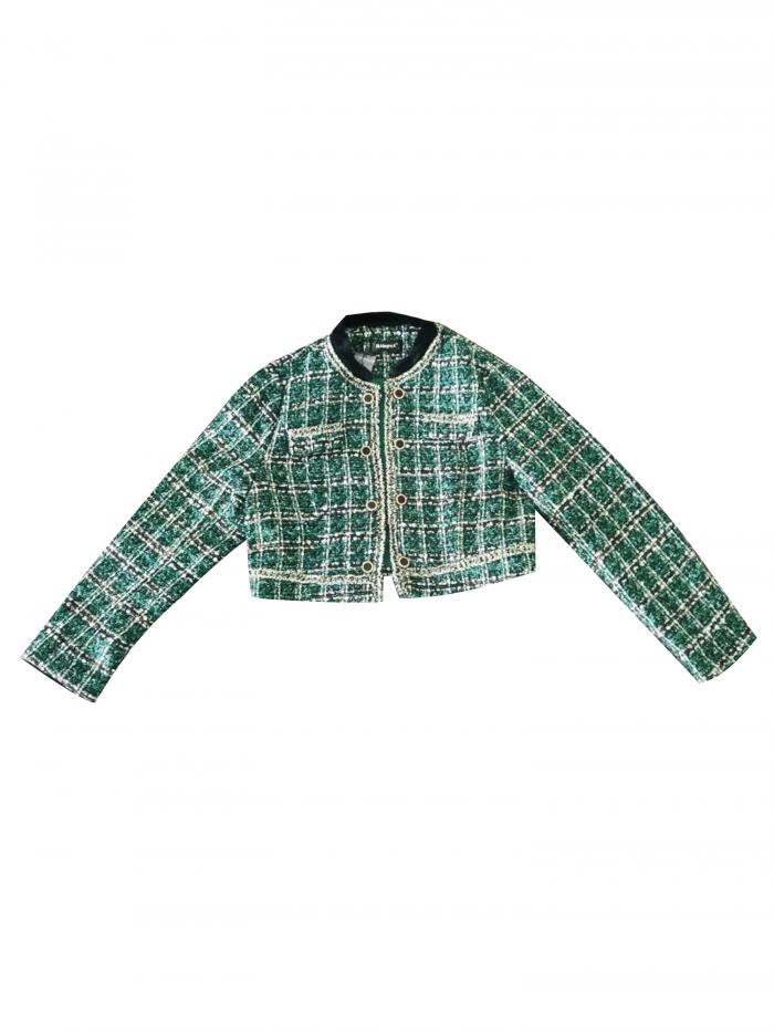 Allegra K チェック柄 ブレザー クロップド ジャケット ツイード ダブルブレスト オフィス エレガント レディース グリーン XS