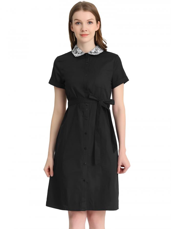 Allegra K デニムシャツワンピース 襟付き ボタン ベルト付き 半袖 レディース ブラック S