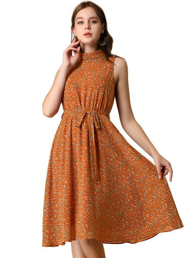 Allegra K ドレス 花柄 ノースリーブ 膝丈 レディース ブラウン XL Allegra K ドレス 花柄 ノースリーブ 膝丈 レディース ブラウン XL