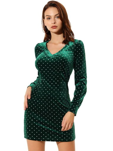 Allegra K ミニワンピース Vネック スリム 水玉模様 レディース ダークグリーン S Allegra K ミニワンピース Vネック スリム 水玉模様 レディース ダークグリーン S